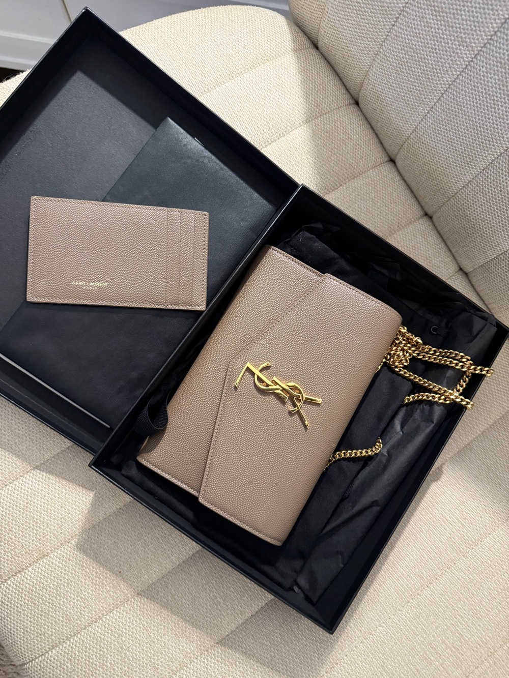 Yves Saint Laurent Uptown Wallet on a Chain in Taupe
